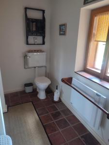 a bathroom with a toilet and a window at Stodola Svatý Štěpán in Bylnice