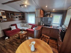 a kitchen and a living room with a table at Mobil Home proche de la mer in Saint-Martin-Plage