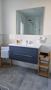 een badkamer met een blauwe wastafel en een spiegel bij City Apartment Kehl in Kehl am Rhein