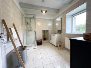 uma casa de banho com uma cabina de duche ao nível do chão e um lavatório. em La Ferme de Kersa em Ploubazlanec