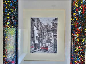 a drawing of a street with a red car in a picture at King Or Twin Bed In Stylish Home in Nottingham