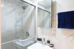 uma casa de banho com um chuveiro, um lavatório e um espelho. em 69-4A Quality NEW Prime Lower East East 1br Apt em Nova York