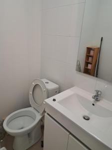 uma casa de banho branca com um WC e um lavatório em Grand Studio de 24m2 avec terrasse privée proche de la gare RER TER em Étampes