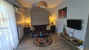 a living room with a couch and a tv at Golfe Juan Studio in Vallauris