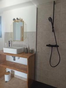 La salle de bains est pourvue d'une douche, d'un lavabo et d'un miroir. dans l'établissement Grande maison de vacances, à Perpignan