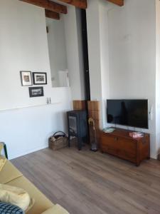 una sala de estar con TV de pantalla plana en un armario de madera en Sol del Este, en Es Castell