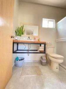 a bathroom with a sink and a toilet and a mirror at nuevo apartamento en todos santos, el otro lado in Todos Santos