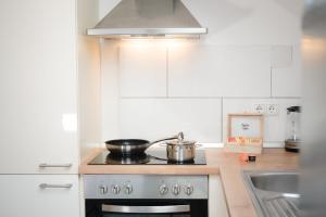 uma cozinha com um fogão com duas panelas em Ferienwohnung in Memmingen em Memmingen