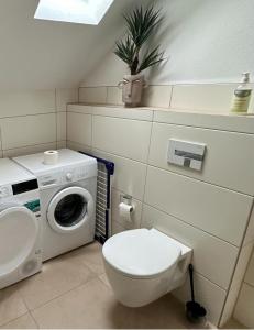 uma casa de banho com um WC e uma máquina de lavar roupa em Ferienwohnung in Memmingen em Memmingen