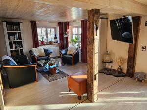 ein Wohnzimmer mit Möbeln und einem TV in der Unterkunft Alte Ölmühle, später Schäfershaus in Donaueschingen