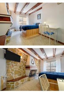 a bedroom and a living room with a bed and a fireplace at Ca la Neus in Marçà