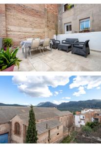 two pictures of a patio with a table and chairs at Ca la Neus in Marçà