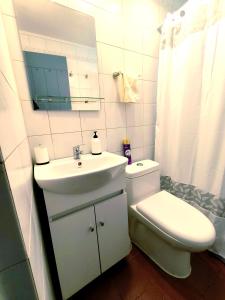 La salle de bains est pourvue d'un lavabo, de toilettes et d'un miroir. dans l'établissement Hermosa Casita de Campo en Pirque, à Pirque