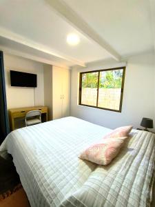 a bedroom with a bed with a pillow and a window at Hermosa Casita de Campo en Pirque in Pirque