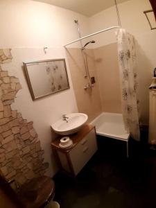 a bathroom with a sink and a shower and a toilet at Wohnen am schönen Mittelrhein Weltkulturerbe in Oberwesel