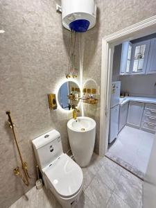 uma casa de banho com um WC, um lavatório e um espelho. em شقة خاصة - 205 em Riyadh