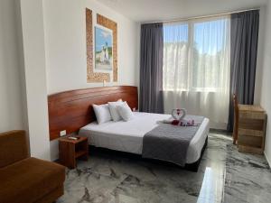 ein Hotelzimmer mit einem Bett und einem Fenster in der Unterkunft Patty House Galapagos in Puerto Ayora