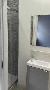 a bathroom with a sink and a mirror and a shower at Everlight Basildon House in Basildon