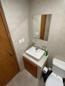 La salle de bains est pourvue d'un lavabo, de toilettes et d'un miroir. dans l'établissement Departamentos Flamboyant, à Acapulco