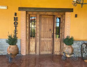 a wooden door with two potted plants in front of a building at Los Reales in Carrizo de la Ribera