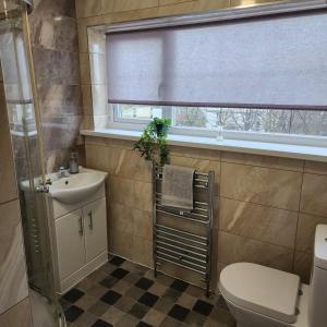 a bathroom with a toilet and a sink and a window at Exquisite Stays Free parking, fast WiFi, close to city centre in Kenton