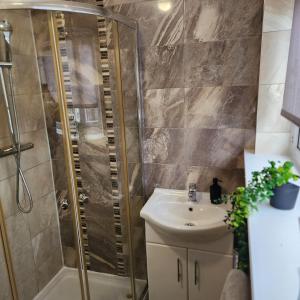 a bathroom with a shower and a sink at Exquisite Stays Free parking, fast WiFi, close to city centre in Kenton