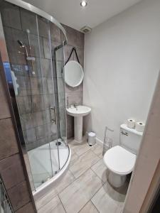 a bathroom with a shower and a toilet and a sink at Sounds of Stars in Mansfield