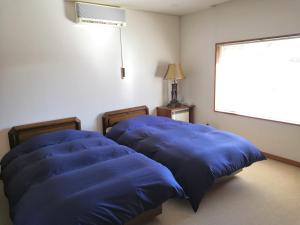 1 dormitorio con 2 almohadas azules y ventana en Villa Yukar with Hot Spring 高級感あふれる温泉付別荘 ヴィラユカラ　　, en Shiraoi