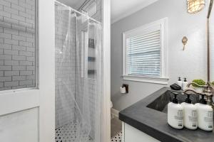 y baño con lavabo y ducha. en Tiny Home - 3 MI to Downtown & Winter Park en Orlando