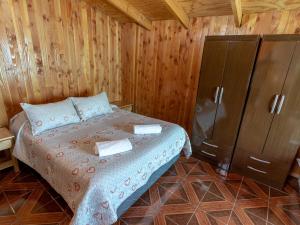 1 dormitorio con 1 cama en una habitación de madera en Hotel Catripulli, en Pucón