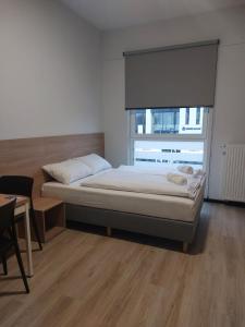 sypialnia z łóżkiem i dużym oknem w obiekcie Centrum Szkoleniowo - Noclegowe HHM HEGELMANN 