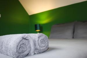 um quarto com uma cama com uma parede verde em Riverside Cottage in the Burren em Corrofin