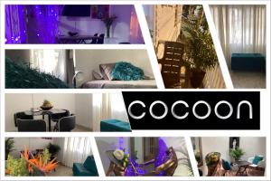 eine Collage mit Fotos eines Wohnzimmers und eines Zimmers mit Pflanzen in der Unterkunft Hostel Cocoon la 70 in Medellín