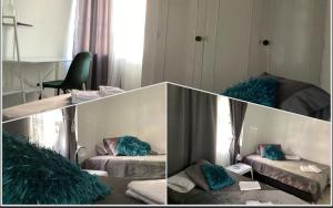 Zimmer mit 2 Betten und blauen Kissen in der Unterkunft Hostel Cocoon la 70 in Medellín