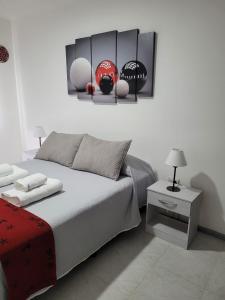 Un dormitorio con una cama y un estante con pelotas. en Dreams en Río Gallegos