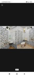 un collage de trois photos d'une salle de bains dans l'établissement Hotel continental, à kolkata
