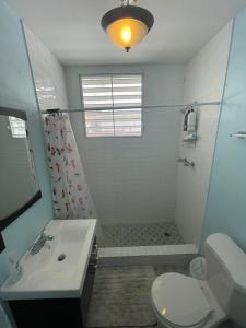 a bathroom with a shower and a toilet and a sink at Casa Laguna Unit 6, Spacious 3BR Near Beach and Restuarants in San Juan