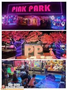 two pictures of a pink park with people in it at ECOHAUs AeonTebrau/Pool/Netflix/Karaoke/Gaming in Ulu Tiram