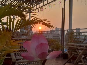 a view of the sunset from a patio with a pink flower at 4 RIVERS HOTEL in Phnom Penh