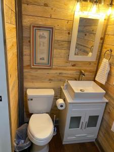 a bathroom with a white toilet and a sink at Tiny House Oasis: Nature Escape in Nacogdoches