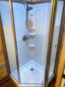 a shower with a glass door in a bathroom at Tiny House Oasis: Nature Escape in Nacogdoches