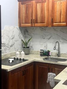 a kitchen with a sink and a counter top at The shores in Montego Bay