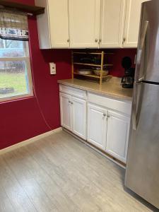 uma cozinha com armários brancos e um frigorífico em Cozy Home on North Pine em Lansing