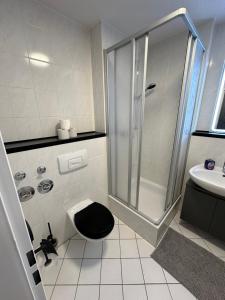 a bathroom with a shower and a toilet and a sink at Wohnung im Zentrum der Dresdner Neustadt mit Außenstellplatz in Dresden