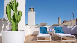 ein Paar Stühle und ein Kaktus auf dem Balkon in der Unterkunft Beachstyle Penthouse by Hello Homes Sitges in Sitges