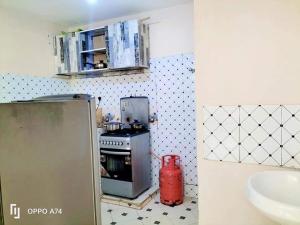 a kitchen with a stove and a red fire hydrant at Pavleena Residence 2 Bedrooms unit in Nanyuki