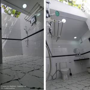 2 fotografías de un baño con ducha y aseo en Oceana Inn Maldives, en Kudahuvadhoo