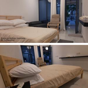 two pictures of a bedroom with a bed and a living room at Oceana Inn Maldives in Kudahuvadhoo