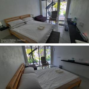 2 immagini di una camera con letto e soggiorno di Oceana Inn Maldives a Kudahuvadhoo