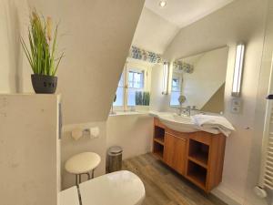 ein Badezimmer mit Waschbecken und Spiegel in der Unterkunft Ferienhaus Cäcilienhof West in Kampen + 36 Fotos